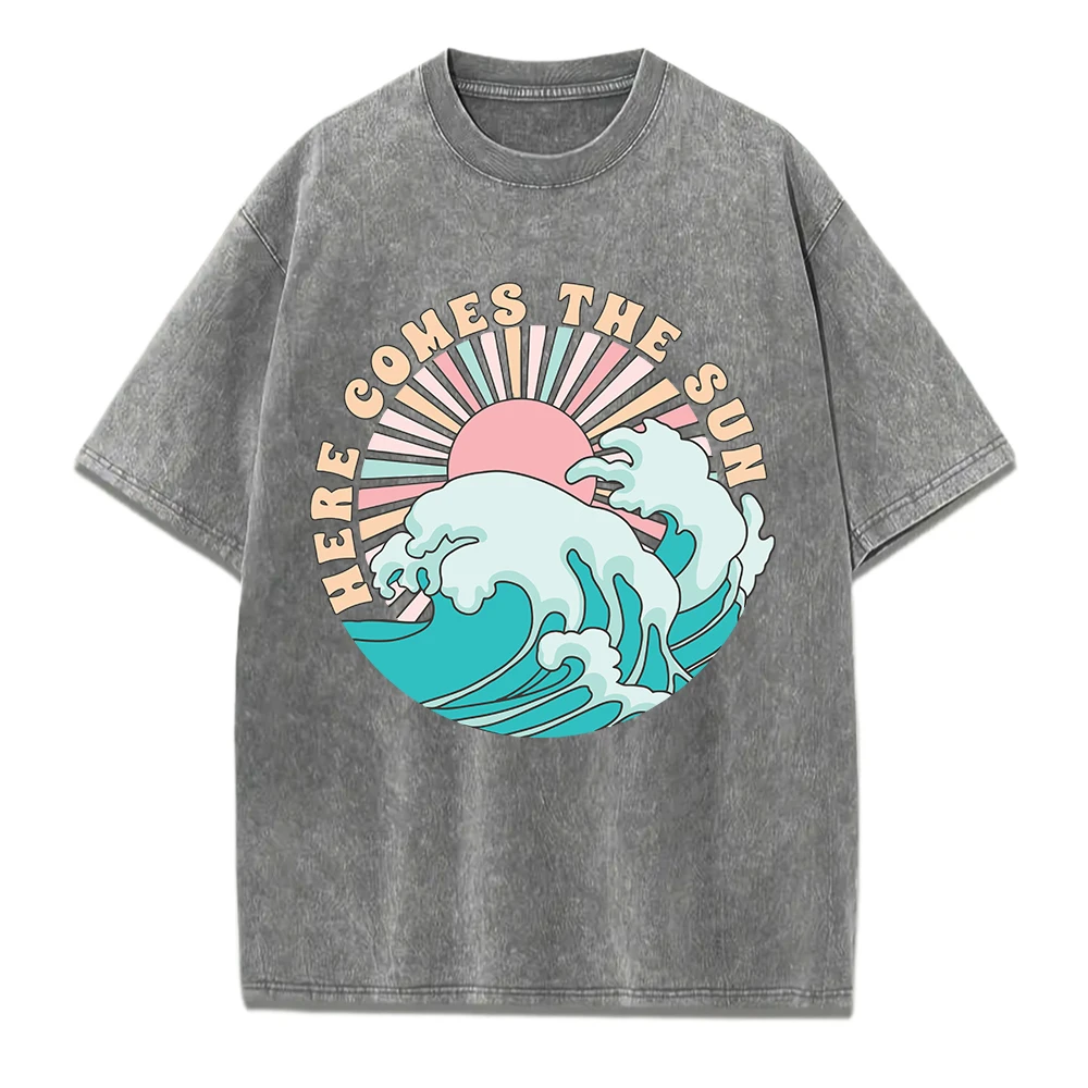 

Here Comes The Sun Printing Washed T-Shirts Womens Cotton Tops Comfortable Distressed O-Neck Streetwear Summer Woman Clothes