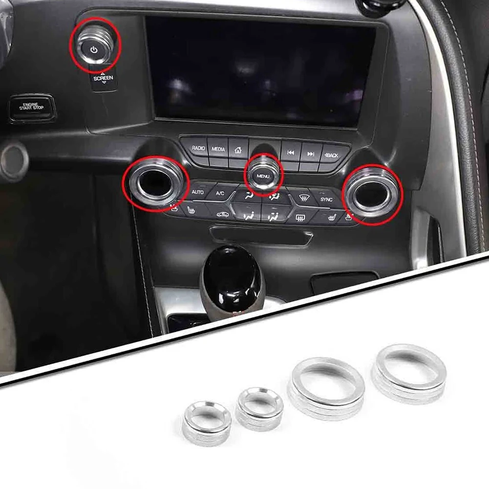 Car AC Volume Tune Knob Button Cover for 2014-2019 Chevy C7 Corvette Aluminium Trim Interior Accessories 4Pcs, Silver