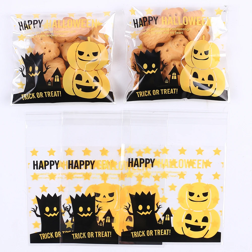 100Pcs Halloween Candy Bags Self Adhesive Cookie Bags Snack Gift Craft Packing Treat Bags Party Supplies