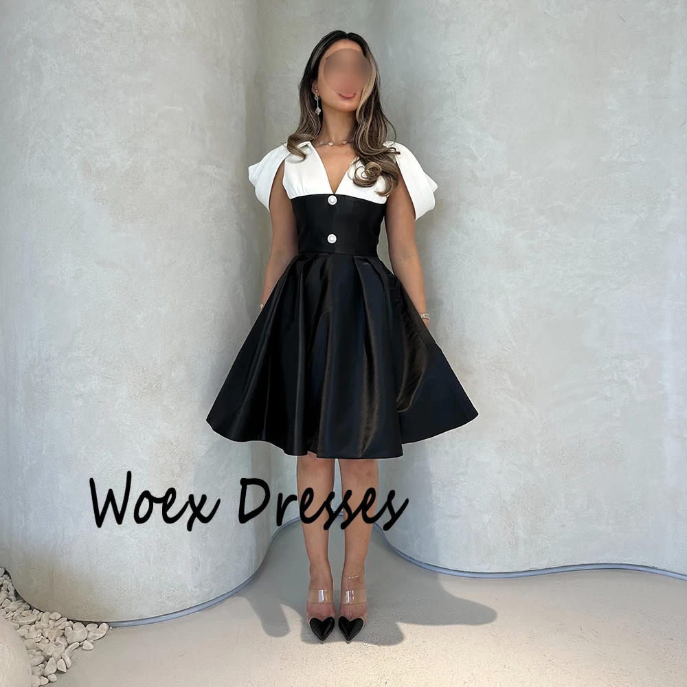 Dostosowana czarna dekolt w kształcie litery A satynowa suknia wieczorowa kontrastowy kolor z odkrytymi ramionami drapowana sukienka na studniówkę guzik do kolan sukienka na imprezę