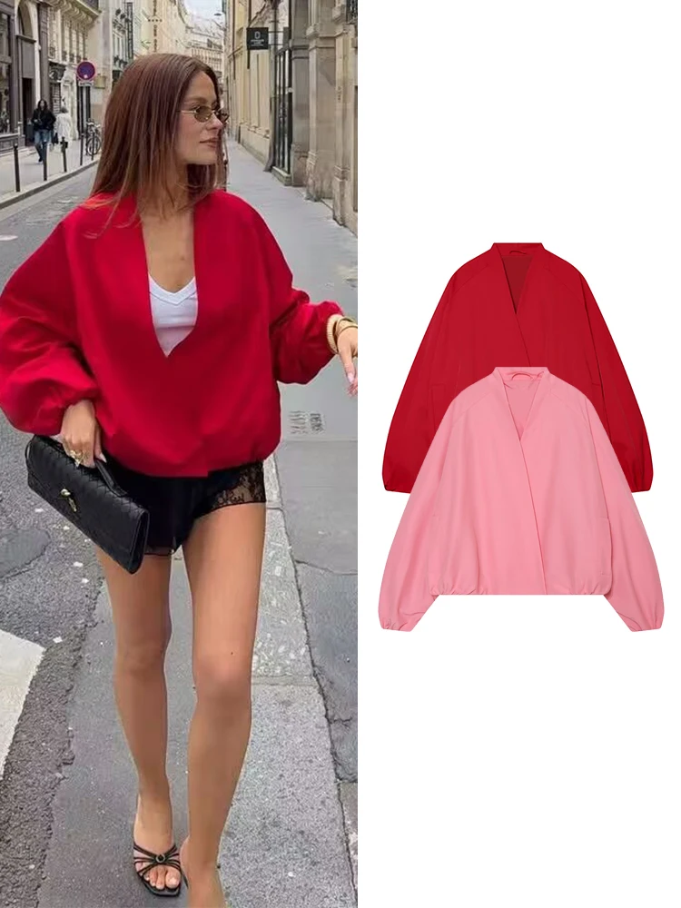 TFMLN Women Short Bomber Jacket Chic Long Sleeves Loose Retro Crop Coat Ladies Daily Casual High Street Outwear New Fashion