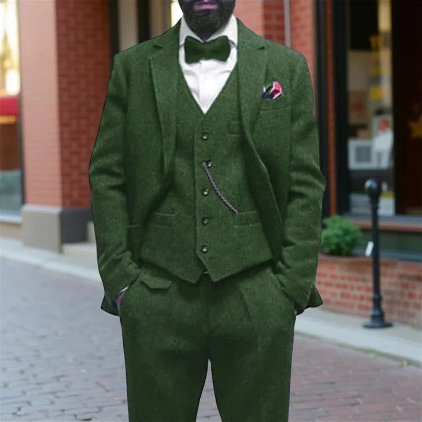 

Wool Herringbone Wedding Suits for Men Notch Lapel Groom Tuxedo Custom Business Italian Style Suit Set (Blazer + Vest + Pants)
