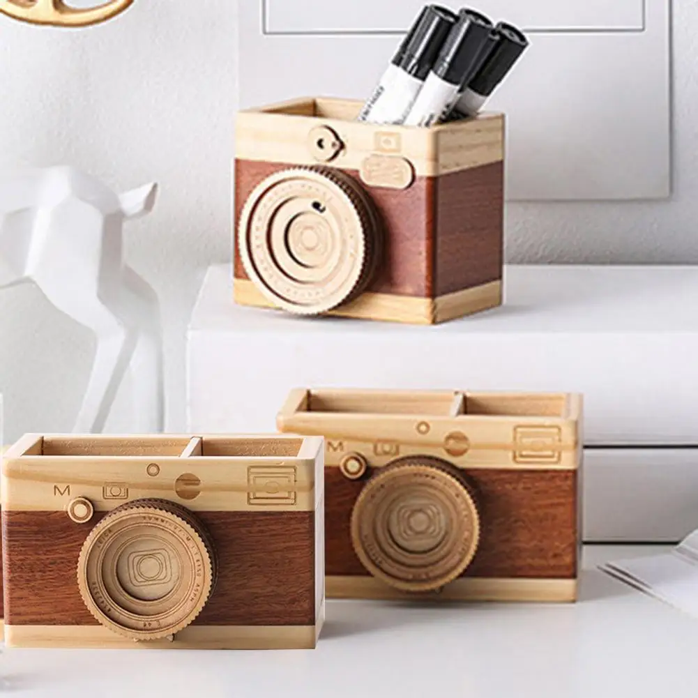 Wooden Pen Holder Organizer Camera Shape Desk Pen Stand Wooden Pen Holder Pens Makeup Brushes Glasses Multi-Functional Holder