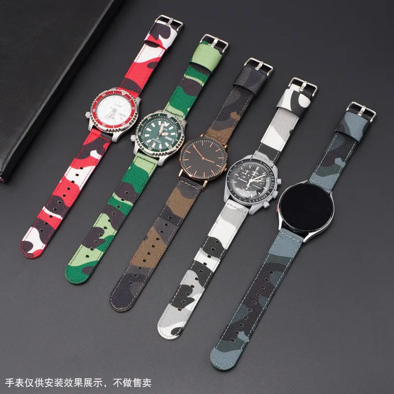 Camouflage Canvas Nylon Strap 18mm 20mm 22mm 24mm for Samsung Galaxy Watch 5 4 Active 2 Sport Smart Watch Band for Huawei GT 2/3