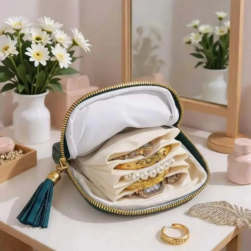 Portable Jewelry Storage Pouch with 6 Layer Large Capacity Tassel Design Velvet Travel Organizer Bag for Necklace and Ring