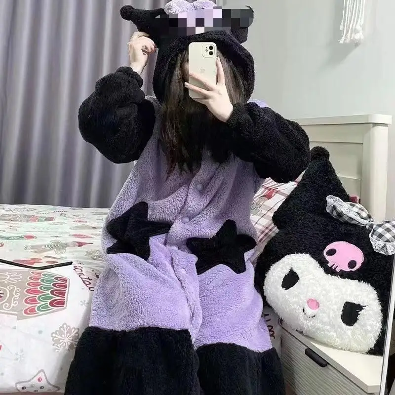 حار سانريو عدة فتاة سماكة مقنعين الشتاء رداء حمام تنورة Kawaii Kuromi الهزلي طالب الدفء النوم تنورة الترفيه ارتداء