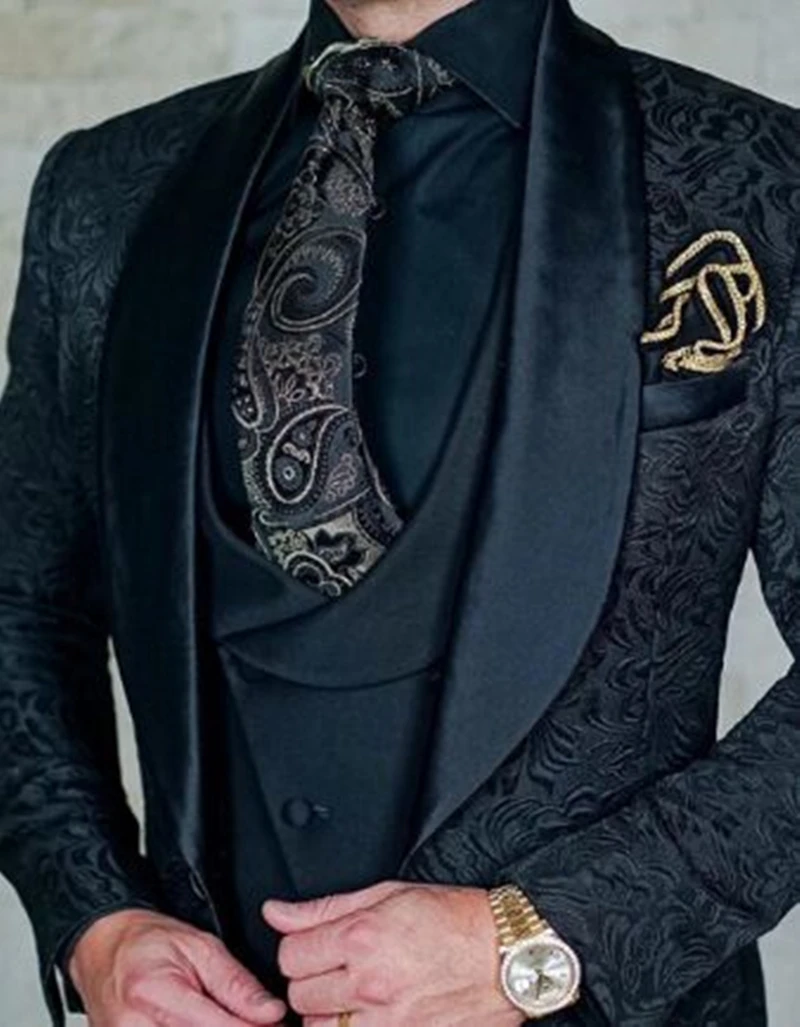 Latest Designs Burgundy/Black Jacquard Men Suit Slim Fit 3 Pieces Shawl Lapel Wedding Tuxedo Prom Male Clothing Costume Homme