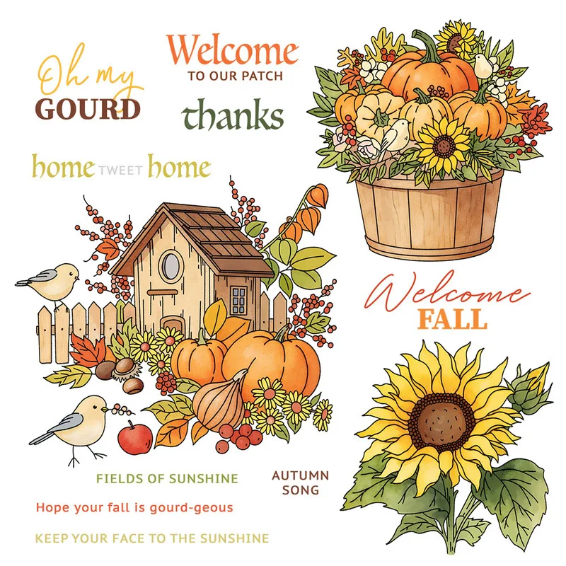 Thanksgiving Fall Autumn Cottage Bird Pumpkin Sunflower Maple Leaf Clear Stamp Metal Cutting Dies Sets Stencils DIY Scrapbooking
