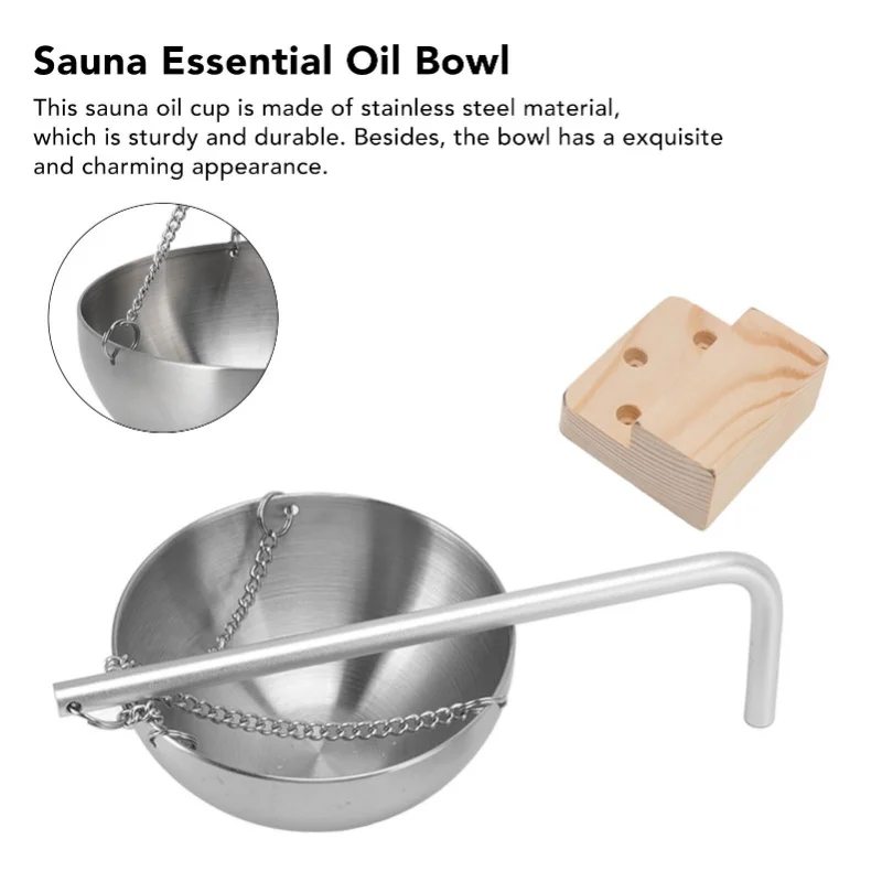 D5 وعاء ساونا جدار فولاذي مقاوم للصدأ معلق الروائح وعاء كوب الزيت مع كتلة خشبية لغرفة الساونا S 12 سنتيمتر وعاء الزيت العطري