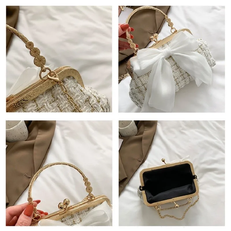 Vintage Women Tote Handbags bow Chain Crossbody Shoulder Bag Small Female Clip Bags Fashion Kiss Lock Purse Bag for Women