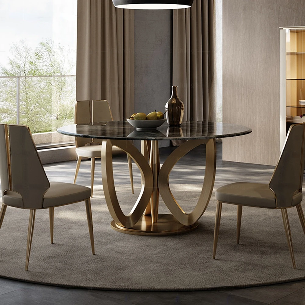 Luxury Gold Stainless Steel Dining Table Glam White Round Marble Dining Table