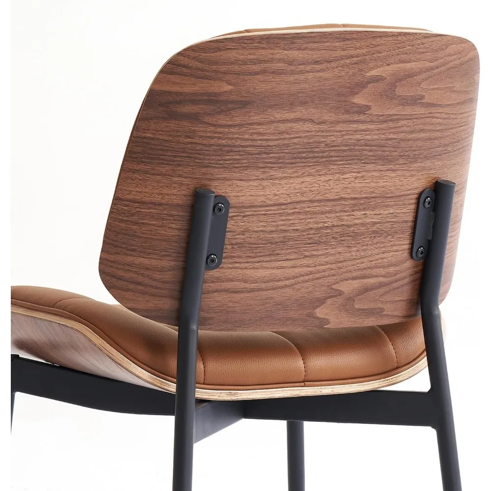 مجموعة من 4 كراسي لتناول الطعام الحديثة في منتصف القرن - مقاعد من الجلد الصناعي البني مع وسائد ناعمة مربعة وظهر من حبوب الجوز #6