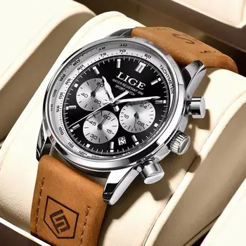 LIGE 奢華男士石英錶防水夜光日期計時碼錶真皮男士腕錶軍用運動男士腕錶 10 最佳銷售 男士軍表 - №5