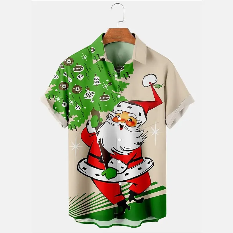 Cute Santa Claus Printed Short Sleeve Shirt New Year's Blessing Open Collar Men's Lapel Top Comfortable Casual Men's Shirt