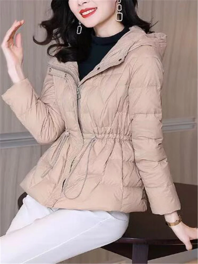 2023 New Winter Jackets Women Parkas Hooded Short Coat Female Parka Warm Waist Jacket Korean Loose Lace up Cotton Padded Outwear