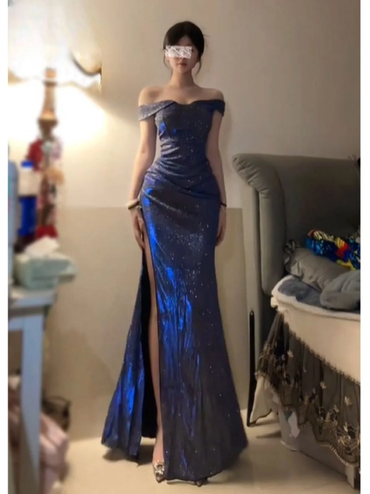 

Sensual One-Shoulder Slit Bodycon Dress Elegant Lady Style High-Waisted Floor-Length Evening Gown Polyester Fiber Midi Dress