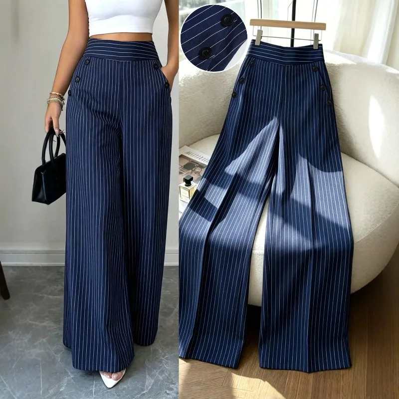 2026 New Cross-border Women's Fashion High-Waist Striped Wide-Leg Buttoned Decorated Draped Straight Casual Long Pants Trend