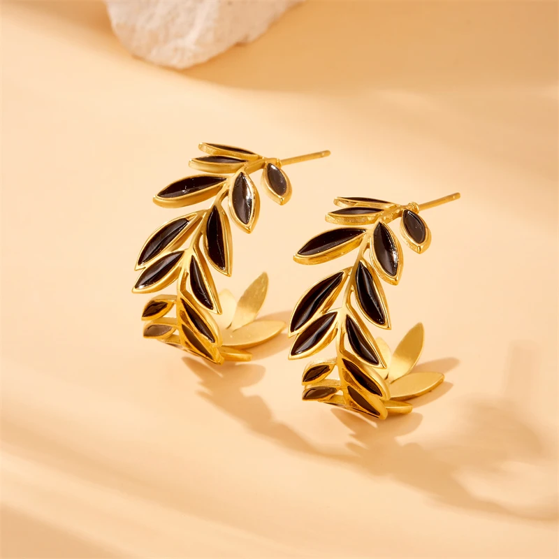 DIEYURO 316L Stainless Steel Black Drip Oil Leaf Circle Earrings For Women 2024 Fashion New Current Ear Jewelry Lady Gift Party image 4