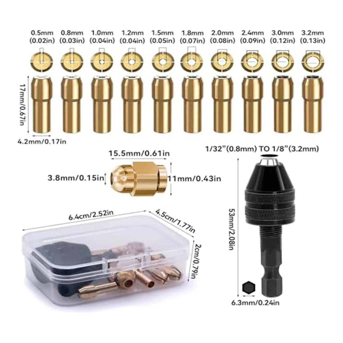 12 Piece Drill Chuck Adapter Set, 4486 Drill Chuck, 4485 Collets, Brass Change Chuck Heads, Keyless Drill Chuck with Box