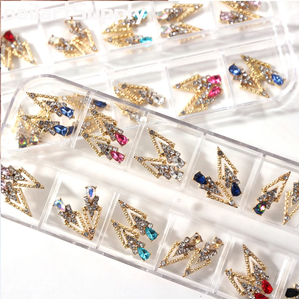 

24Pcs K Gold Luxury AB Diamond Triangle 3D Nail Art Decorations Retro Zircon Nail Jewelry Metal Manicure Rhinestones 7*18mm Boxe