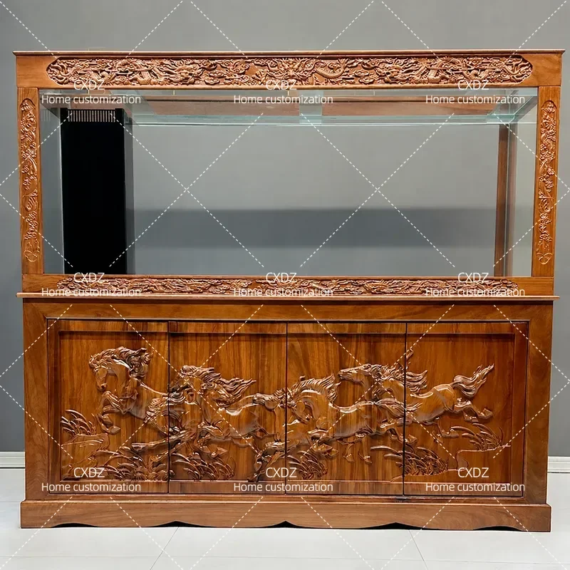 Large Solid Wood Fish Tank Cabinet with Deep Carving for Office Living Room Villa Aquarium Base Stand Chinese Style Ba Jun