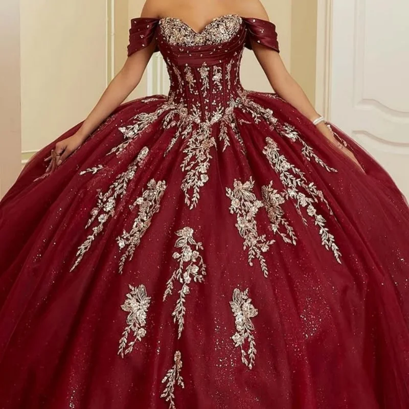 

Shiny burgundy Quinceanera Dress golden glitter crystal Decal Long tail Bow Vestidos De 15 Quinceanera ﻿Customize