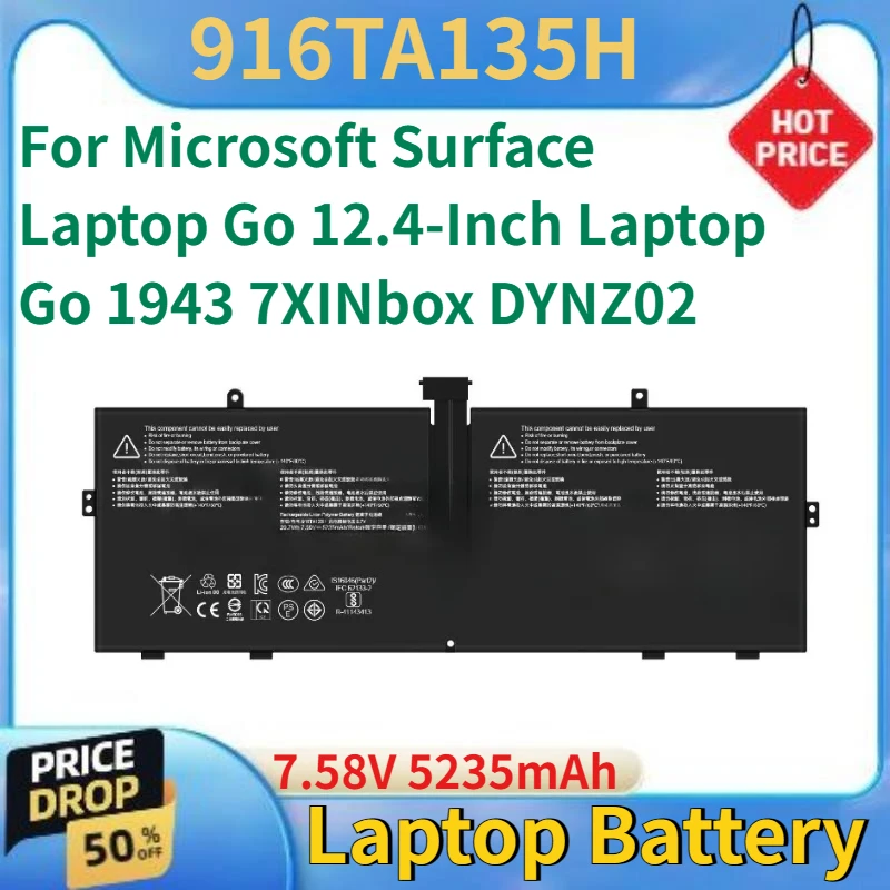 

For Microsoft Surface Laptop Go 12.4-Inch Laptop Go 1943 7XINbox DYNZ02 High Quality New 916TA135H Laptop Battery 7.58V 5235mAh