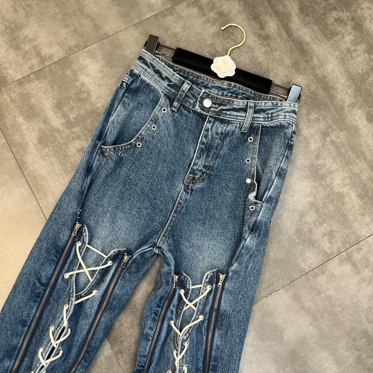 2023 Spring Autumn New Arrival High Waisted Jeans Women Loose Bandage Dark Blue Long Flare Denim Pants Female Long Trousers Tide