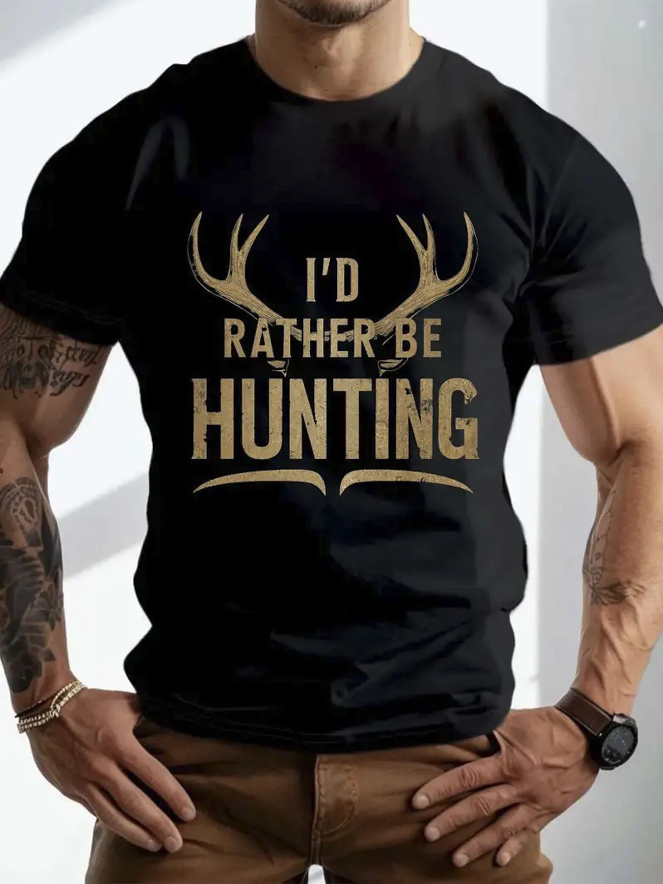 Men's Deer Antler Print T-Shirt - Breathable Regular Fit Short Sleeve Tee with 