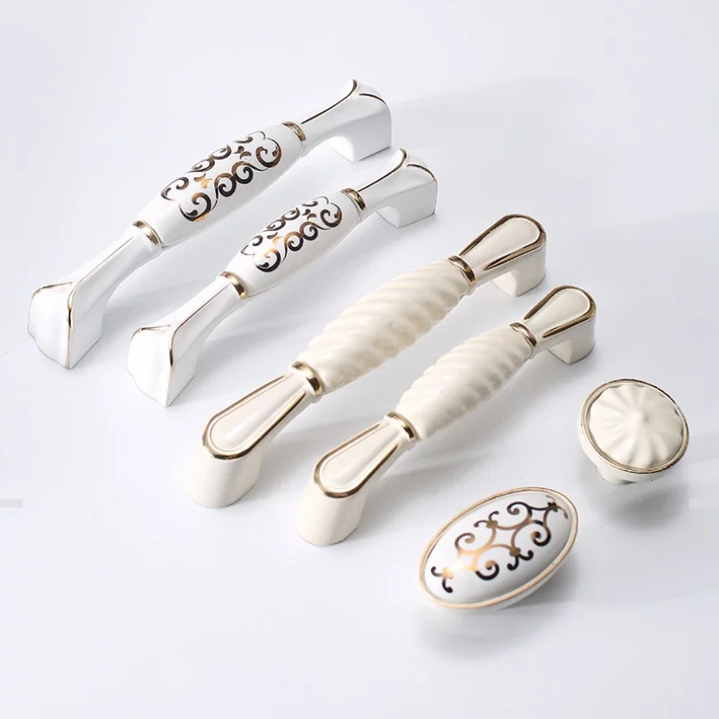 Gold White Creamic Gold Cabinet Handles Knobs Drawer Pulls Kitchen Door Handles Furniture Handle Cabinet Door Hardware