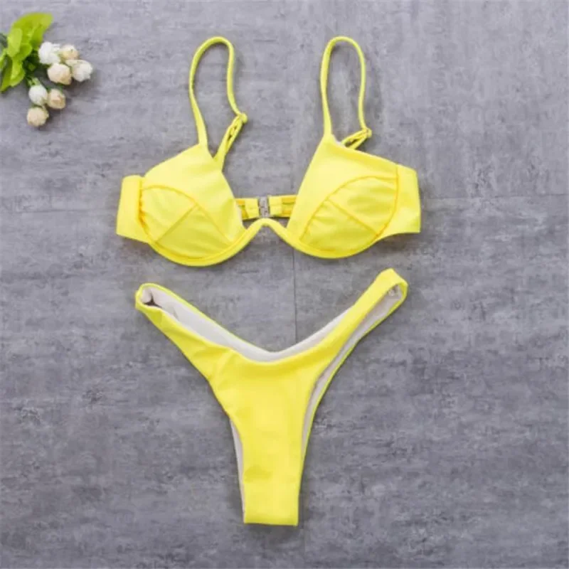 Women 2PCS Bikini Set Solid Color Wire Padded V-Shaped Back Buckle Bra Triangle High Waist Panty Summer Swimming Set Underwear