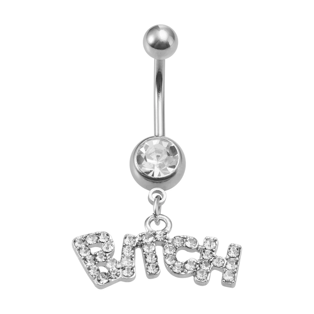 1pc Dangling CZ Belly Button Rings with Cute and Sexy Letters for Women Surgical Steel Bar Navel Piercings Stud Body Jewelry