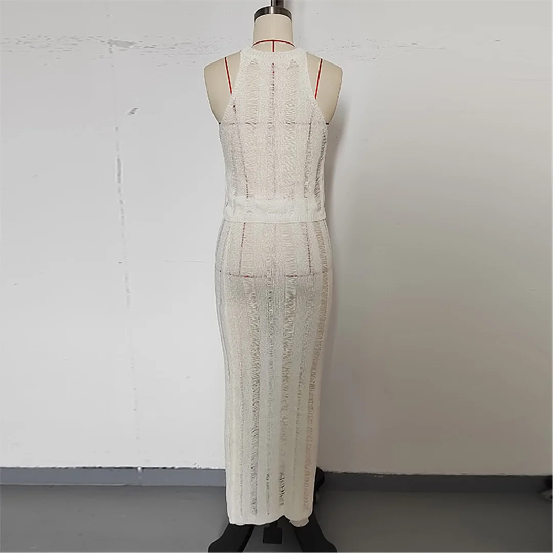 Neues, ärmelloses, gehäkeltes, gestricktes zweiteiliges Set, Tunika, Strandkleid, Strandbekleidung, Damenmode V6717 – Detail 18
