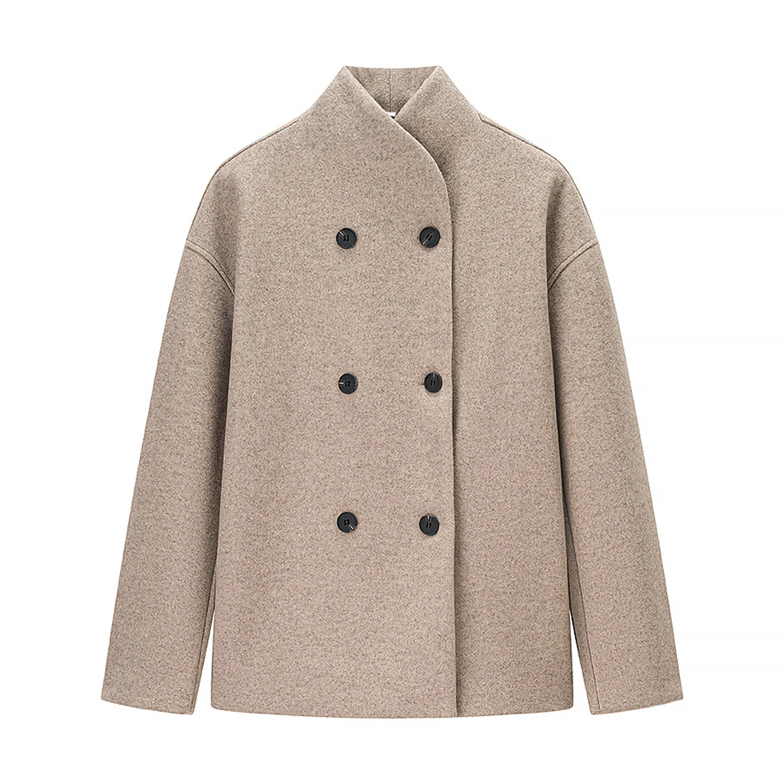 Solid High Neck Double Button Topcoat Dropped Shoulder Loose Autumn Short Elegant Jacket Women Urban Casual Outerwear