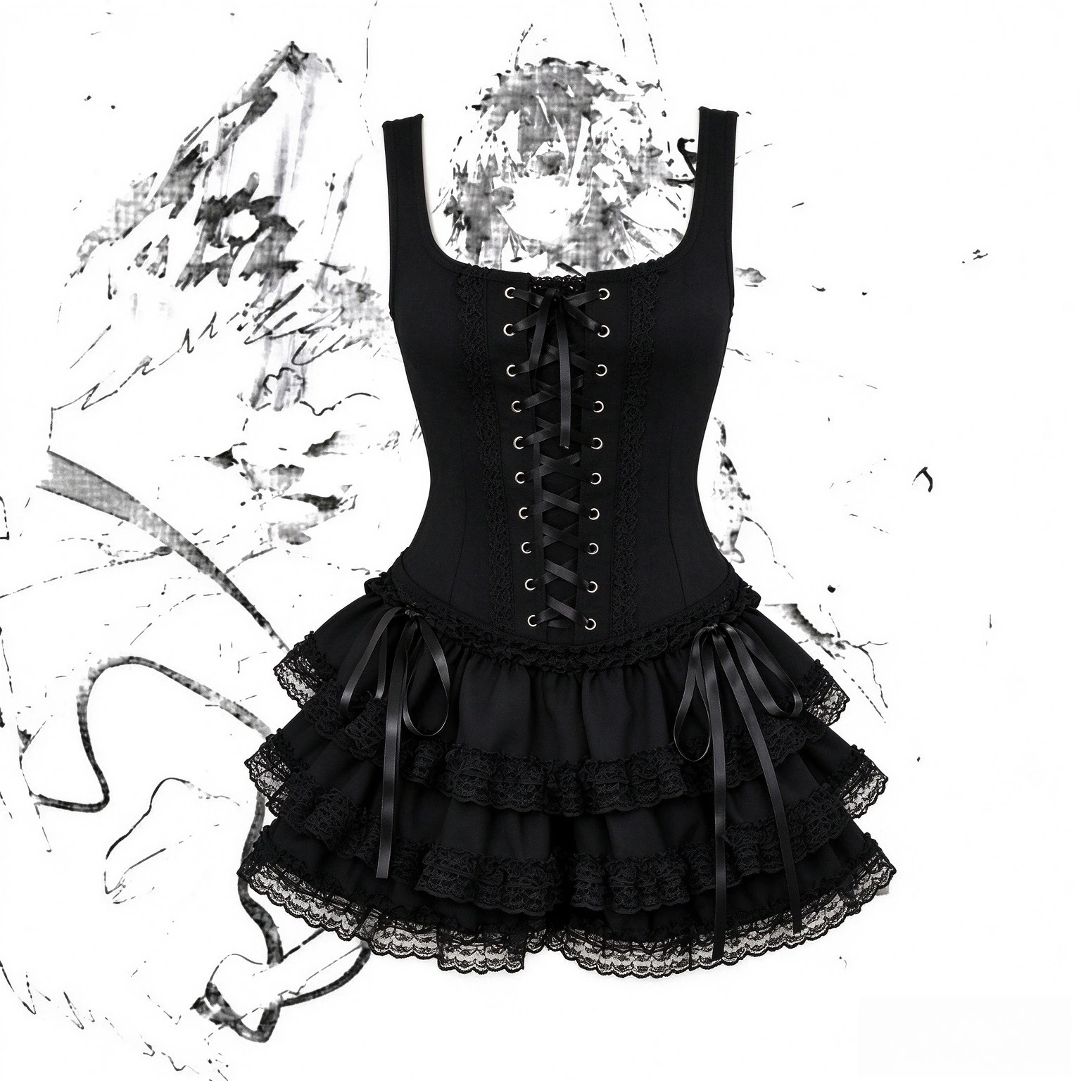 Japanisches Gothic-Oberteil in Schwarz mit Spitzeneinsatz und Schnürung, mehrlagiger Rock, Y2K-Vintage, elegant, figurbetont, süßer Hrajuku-Rockanzug