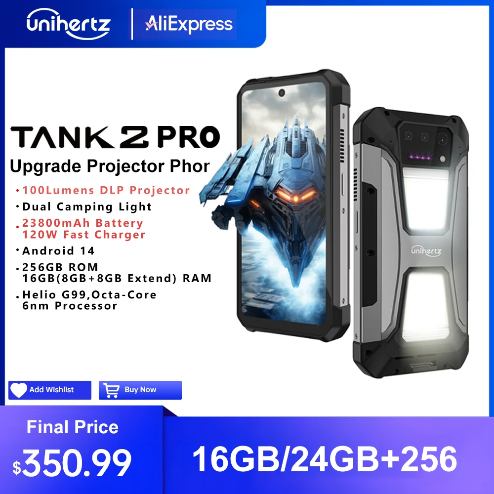 Unihertz 탱크 2 프로 8849 견고한 휴대폰, 프로젝터 포함, 100MP, 16GB, 256GB, 안드로이드 14, 100MP, NFC, 120W, Helio G99, 23800mAh 