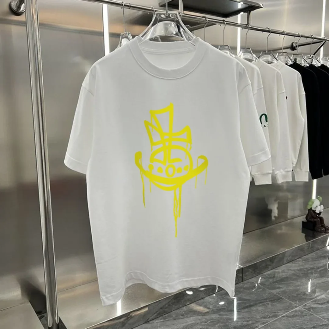 트렌디한 브랜드의 새로운 여름 토성 프린트 커플 코튼 반팔 티셔츠 남성과 여성의 다용도 라운드 넥 캐주얼 루즈 탑