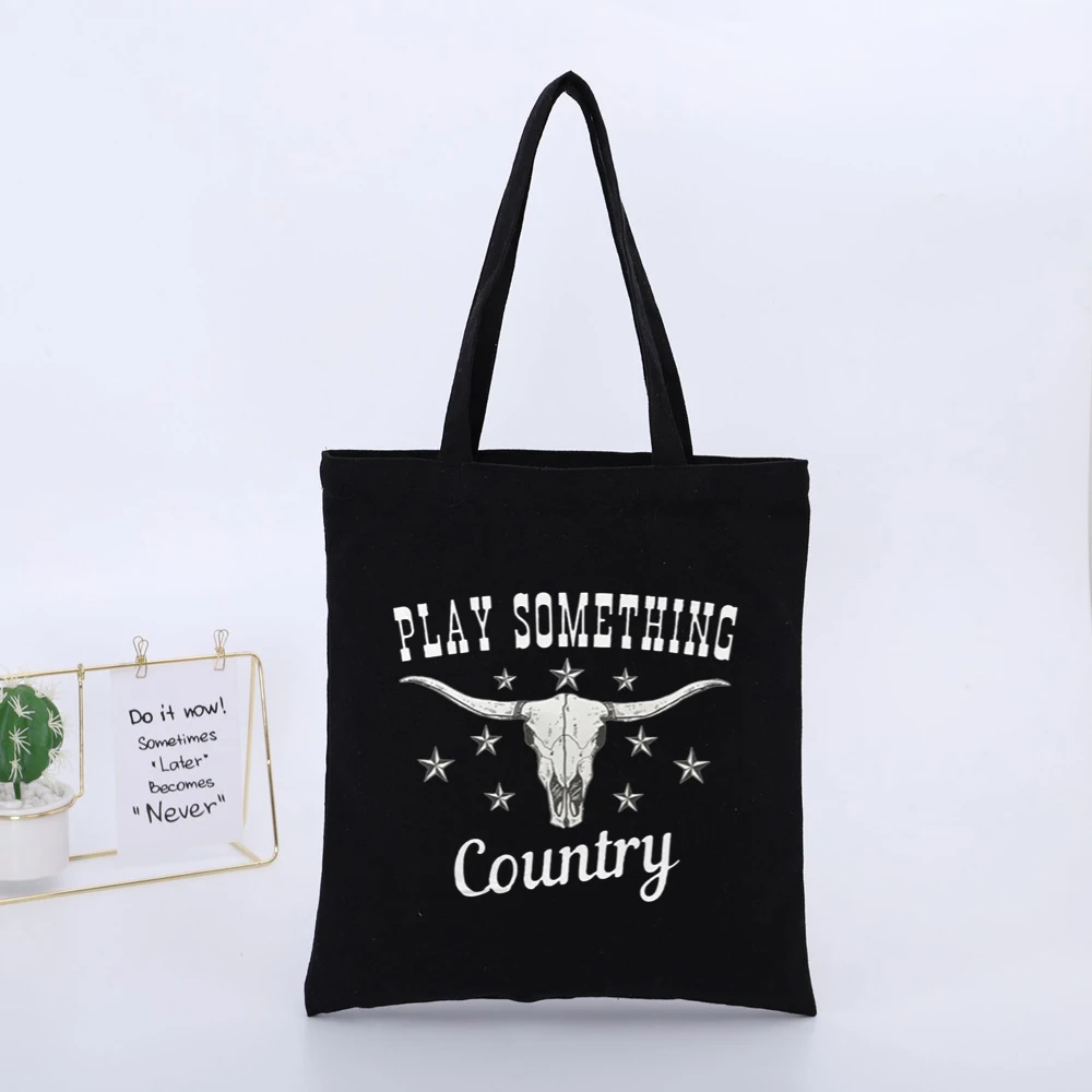 Western Style Skull Graphic Canvas Tote Bag, Vintage Country Design for Casual Daily Use