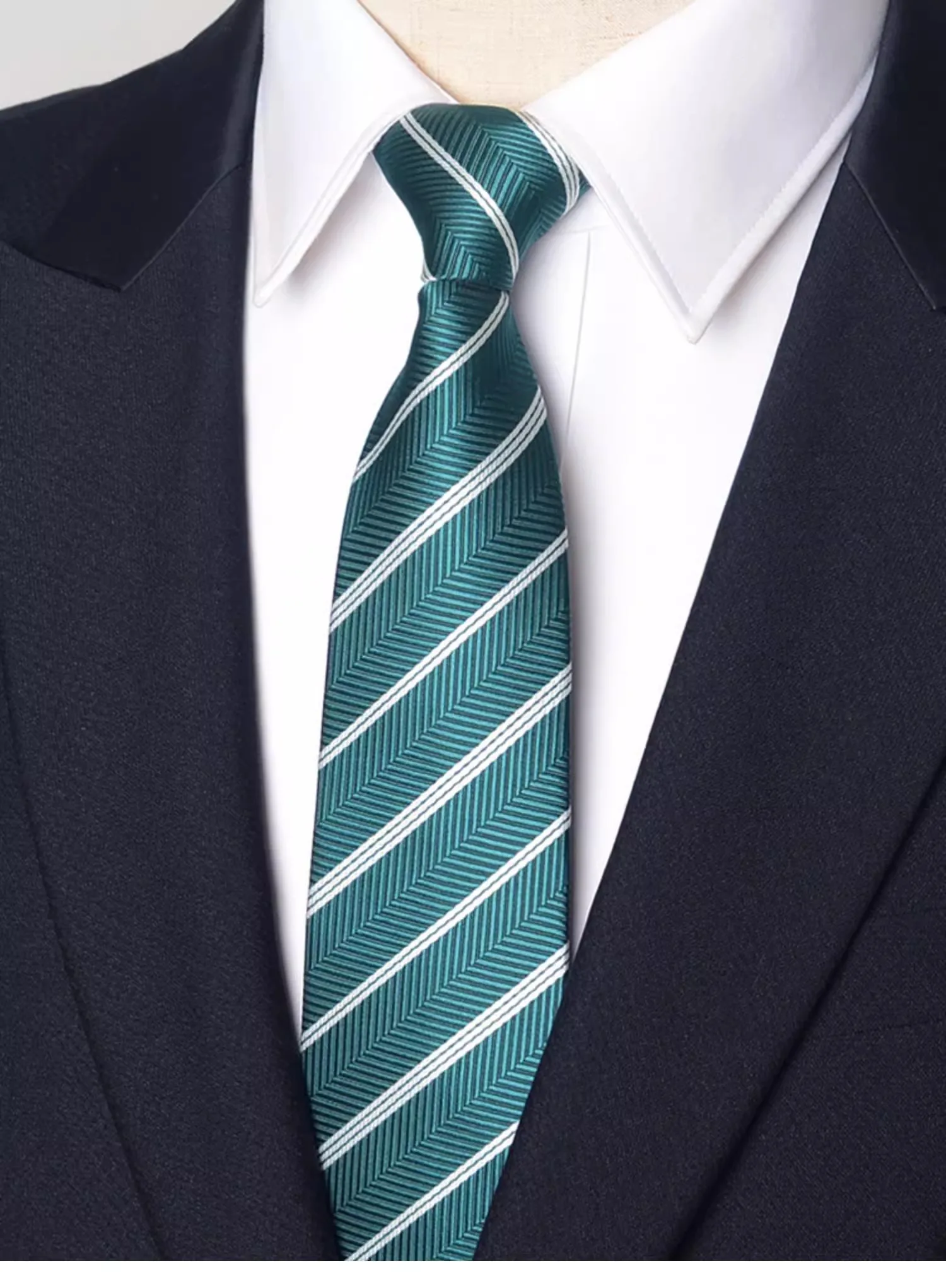 Dark Green Striped Zipper Style Tie Fashionable Men's Narrow Version 7cm Business Shirt Accessory Convenient Zipper Necktie