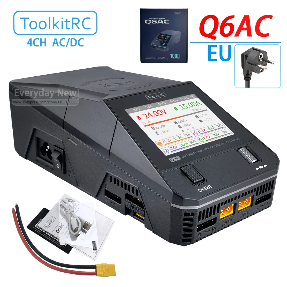 

ToolkitRC Q6AC Charger AC 400W / DC 1000W 4CH output Built-in 65W USB Output 15W Wireless Charger for LiPo NiMH PB battery