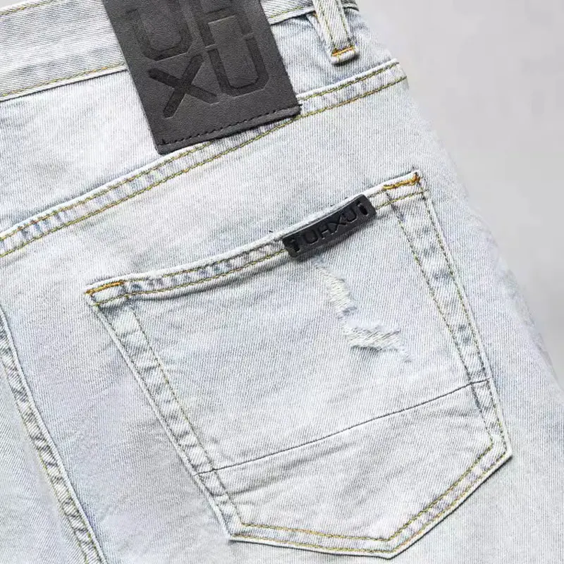 Fashion Vintage Men Jeans Retro Light Blue Stretch Slim Fit Ripped Jeans Hole Patched Designer Streetwear Casual Denim Pants Men