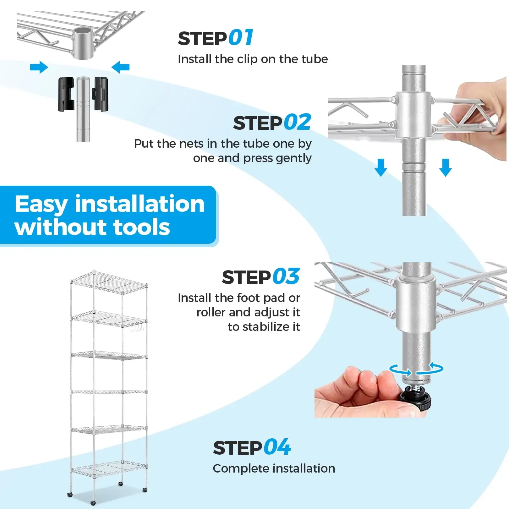 6-Tier Shelf Rack Wire Shelving Unit Storage Height Adjsutable Metal Shelf with 4 Side Hooks