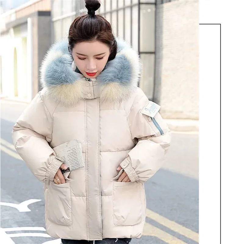

Female Warm Cotton Parker Overcoat Winter Thicken Down Cotton Jacket Women's Big Hairy Collar Hooded Short Coat