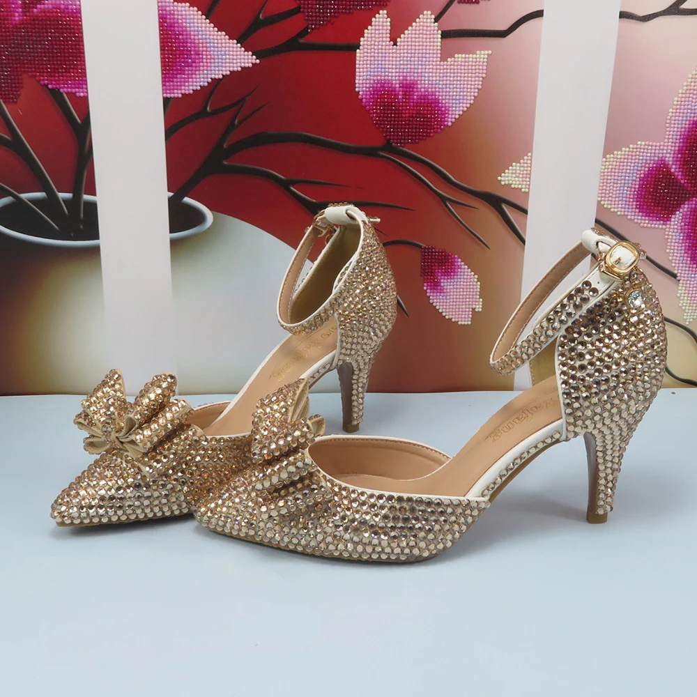 Champagne Gold Bridal Wedding Shoes and bag Women High Pumps Ankle Strap Thin Heel Party Shoes woman Slingbacks Bow-tie