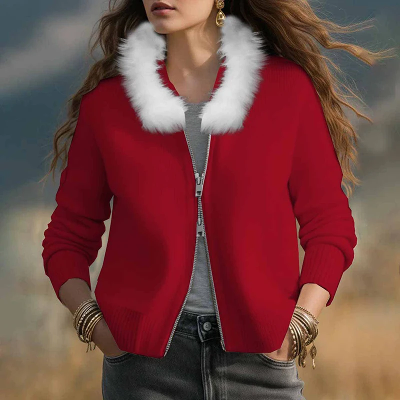

New Autumn Winter Fashion Women Sweater Jackets For Women Fleece Hoodies Coat Women Zipper Patchwork Jacket Red Cardigan