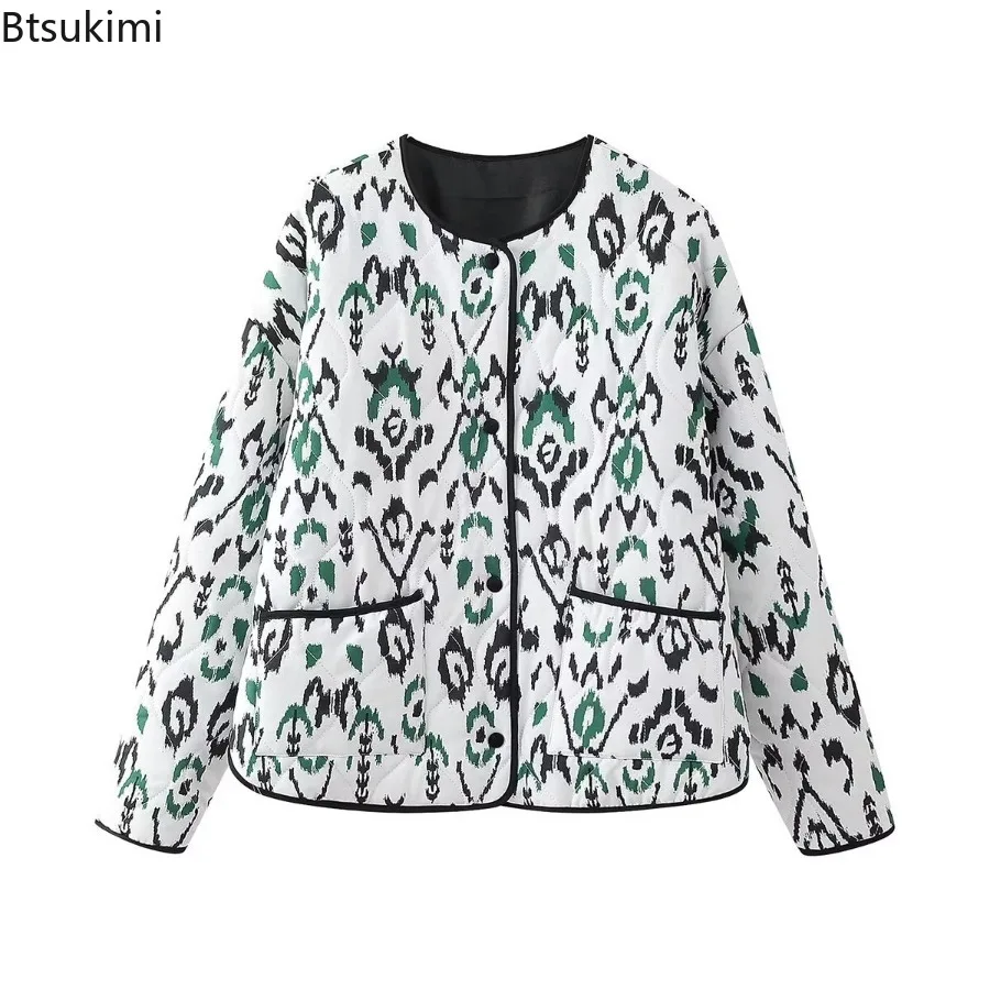 New Women's Autumn Winter Animal Print Jacket Top Round Neck Long Sleeve Single-breasted Cotton Jacket Coat Winter Coat Parkas