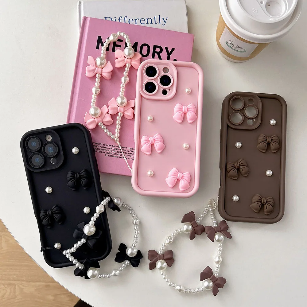 Pearl Bow Chain Phone Case iPhone 16 15 14 13 12 11 Pro MAX XS Max