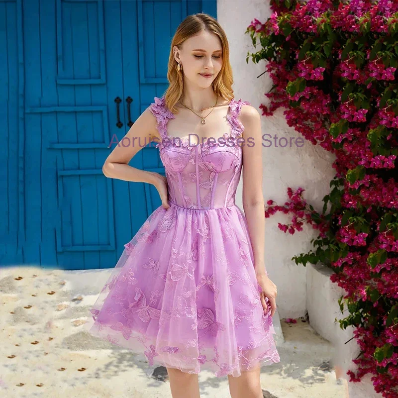 Tulle Straps Butterfly Tea-Length Homecoming Dresses 3D Flower Sweetheart Women Cocktail Party Gowns Corset Prom Dress For Teens