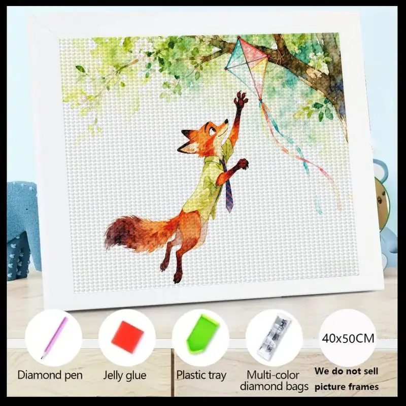 

1PC 5D DIY Diamond Painting Kit, Cute Cartoon Fox & Kite Full Drill Crystal Rhinestone Diamond Art Set, Whimsical Animal Charact