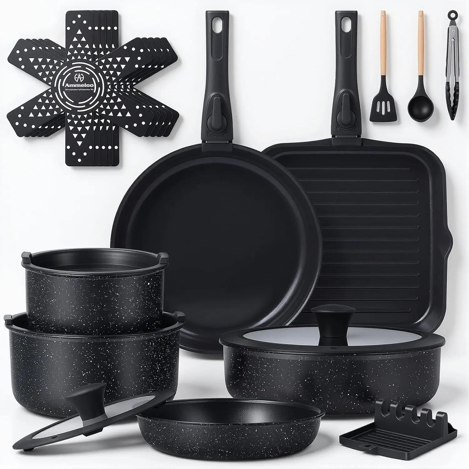 

21-Piece Non-Stick Ceramic Cookware Set with Detachable Handle, Induction Compatible, Oven Safe for RV & Camping
